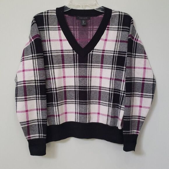 Tahari Sweater Womens sz Large Heavy Rib Knit V Neck Plaid Black Fuchsia White - Picture 1 of 5